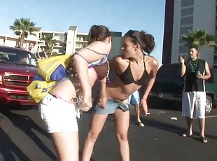Two amateur babes partying outdoor